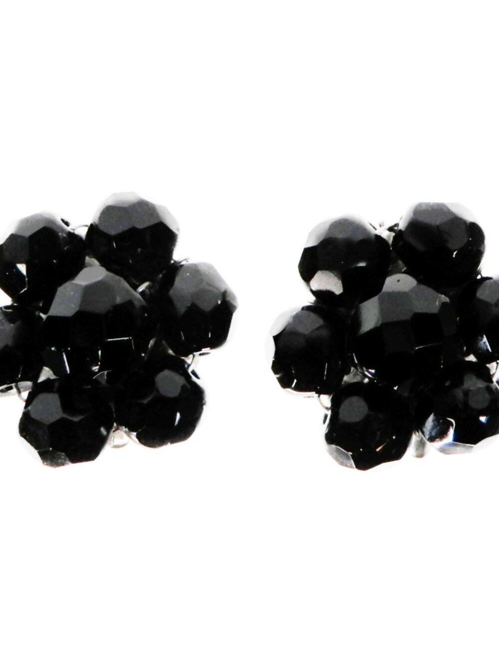 Vtg Black Faceted Glass Bead Cluster Flower Clip On Earrings 50s 60s Jet